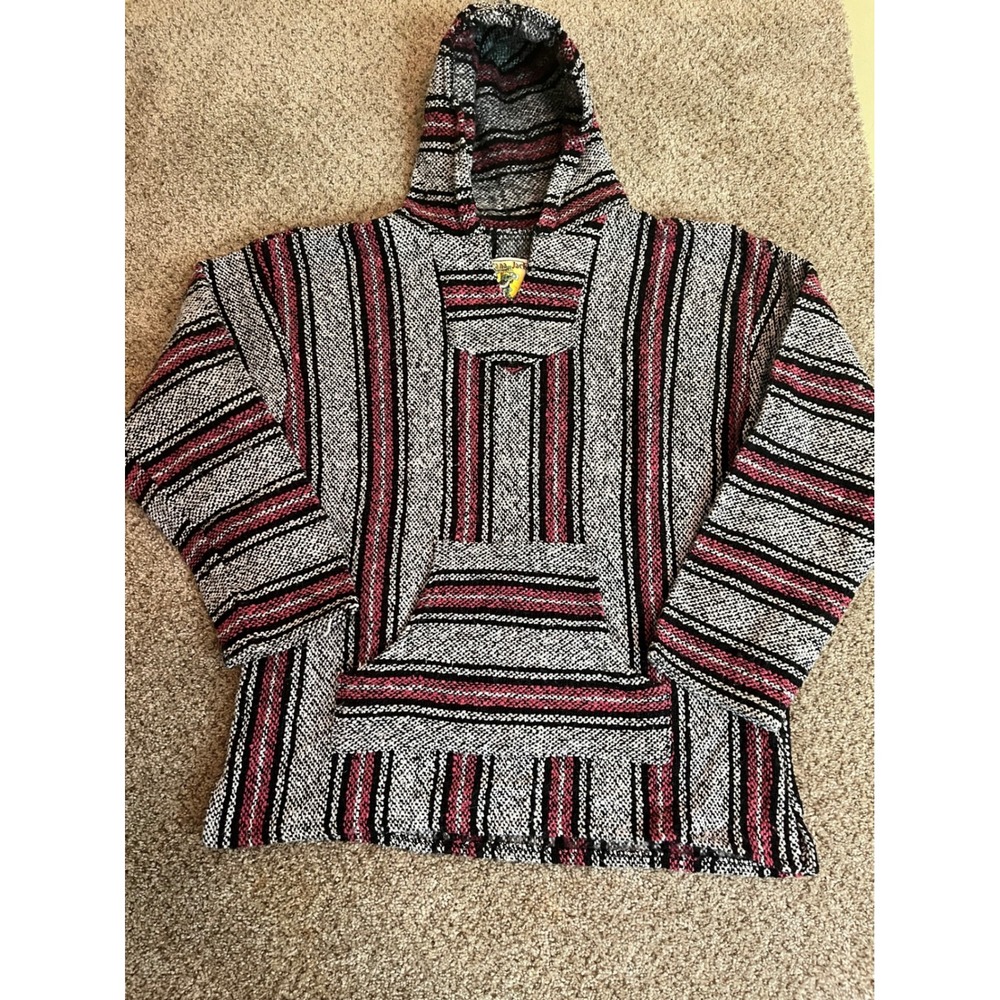 Iguana Jack Mens Baja Hoodie XL Red Black White Stripe Woven Earth Ragz Drug Rug